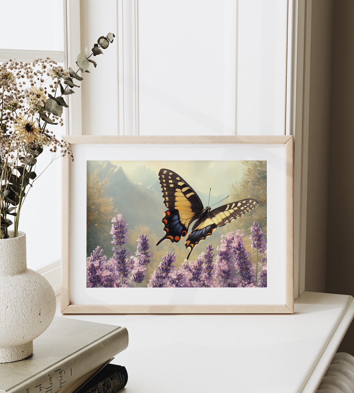 Tiger Swallowtail Butterfly Over Lavender Field Mountains Poster - Image 4