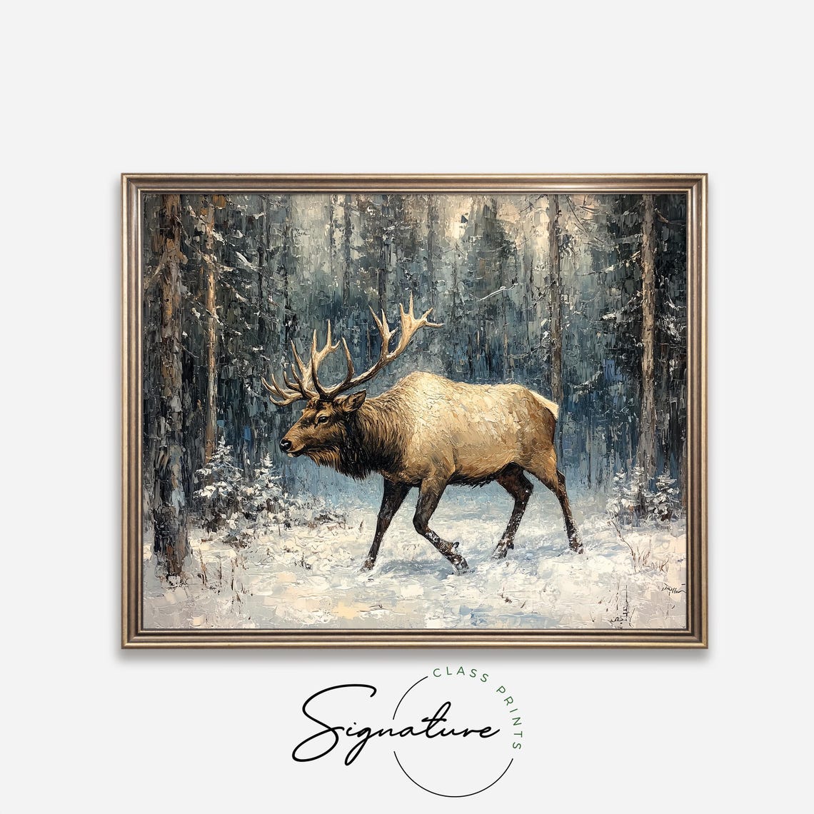 Bull Elk Walking Through Snowy Forest Winter Wildlife Oil Style Poster - Image 4