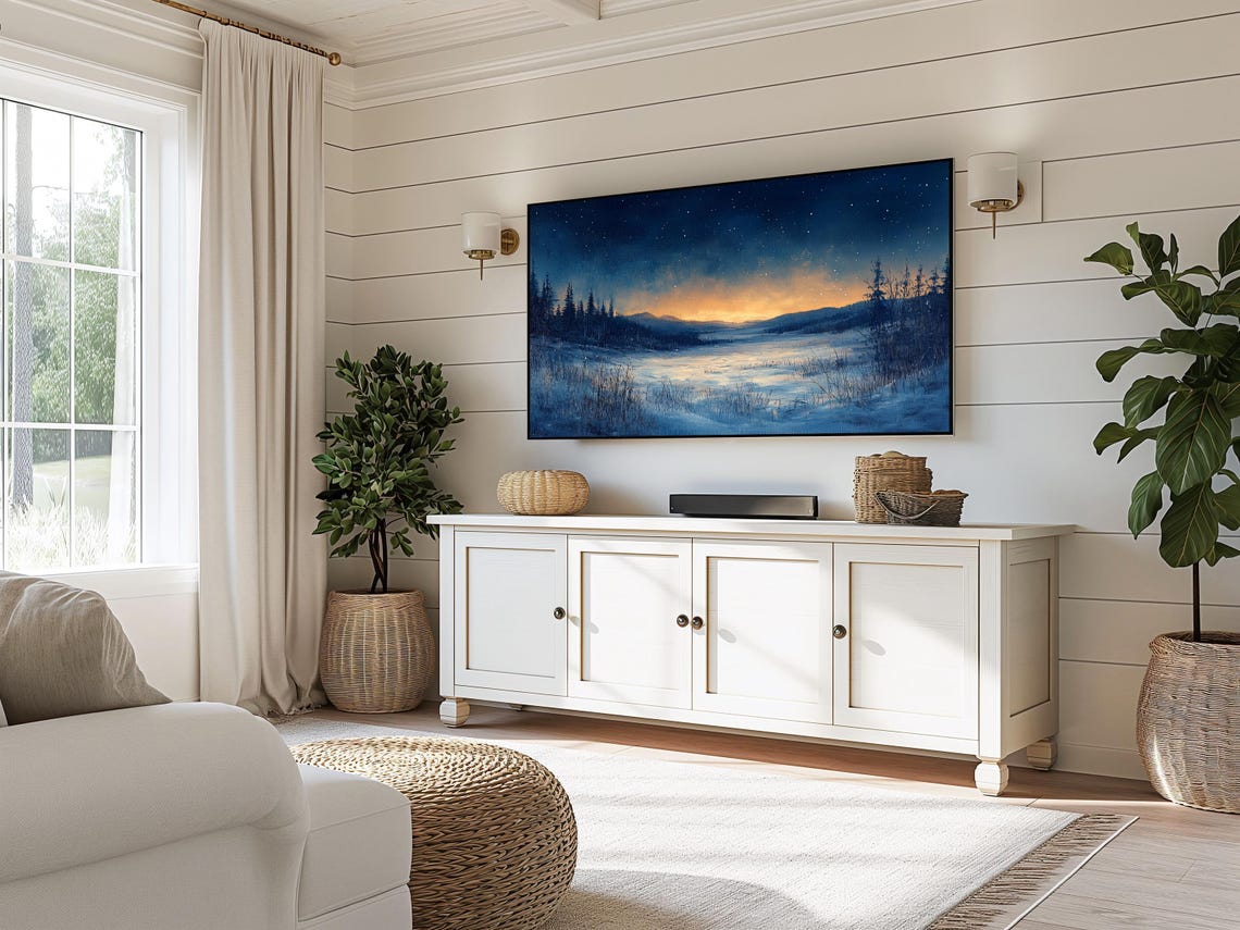 Snowy Winter Night Starry Sky Frozen Lake Moody Blue Landscape Poster - Image 3