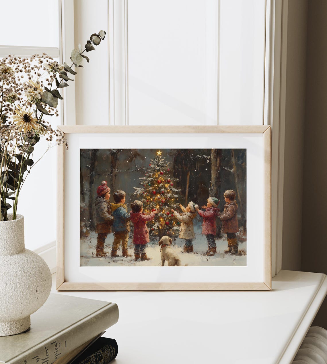 Six Children And A Puppy Decorating A Snowy Christmas Tree Poster - Image 6
