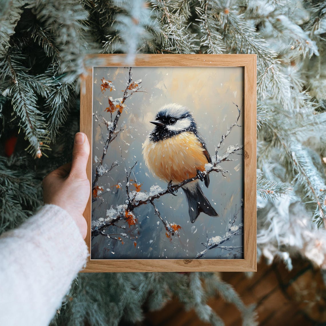 Chickadee on Snowy Branch with Red Berries Winter Oil Painting Print - Image 6