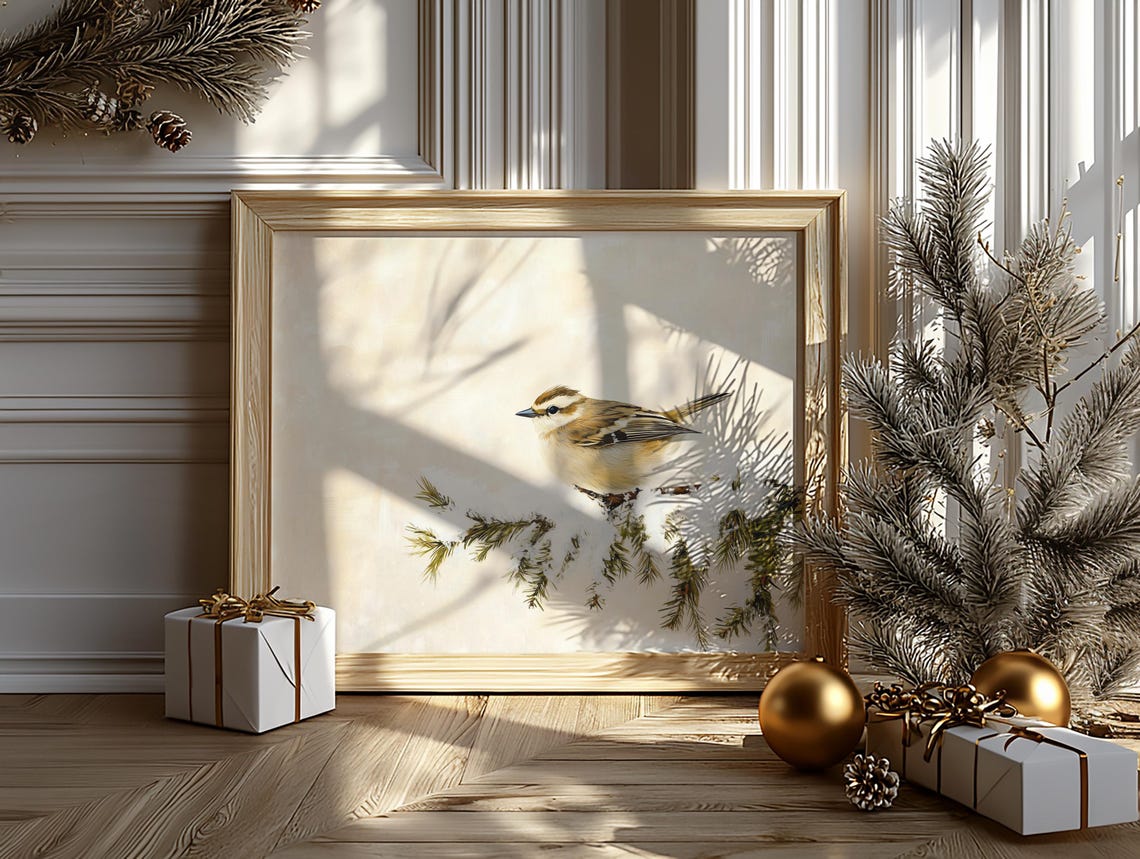Small Songbird on Snowy Fir Branch Soft Winter Bird Art Poster - Image 6