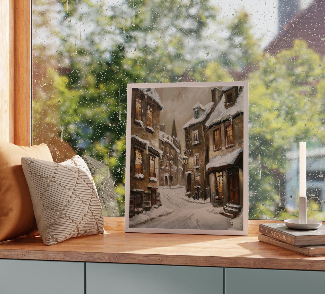 Snowy Old Town Street at Dusk with Warm Glowing Windows Poster - Image 2