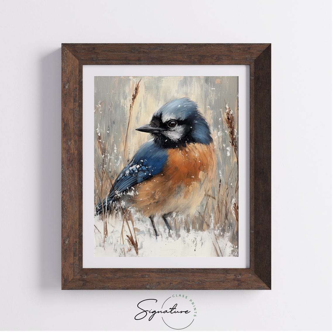 Blue Jay In Falling Snow Among Winter Grasses Bird Art Poster - Image 2