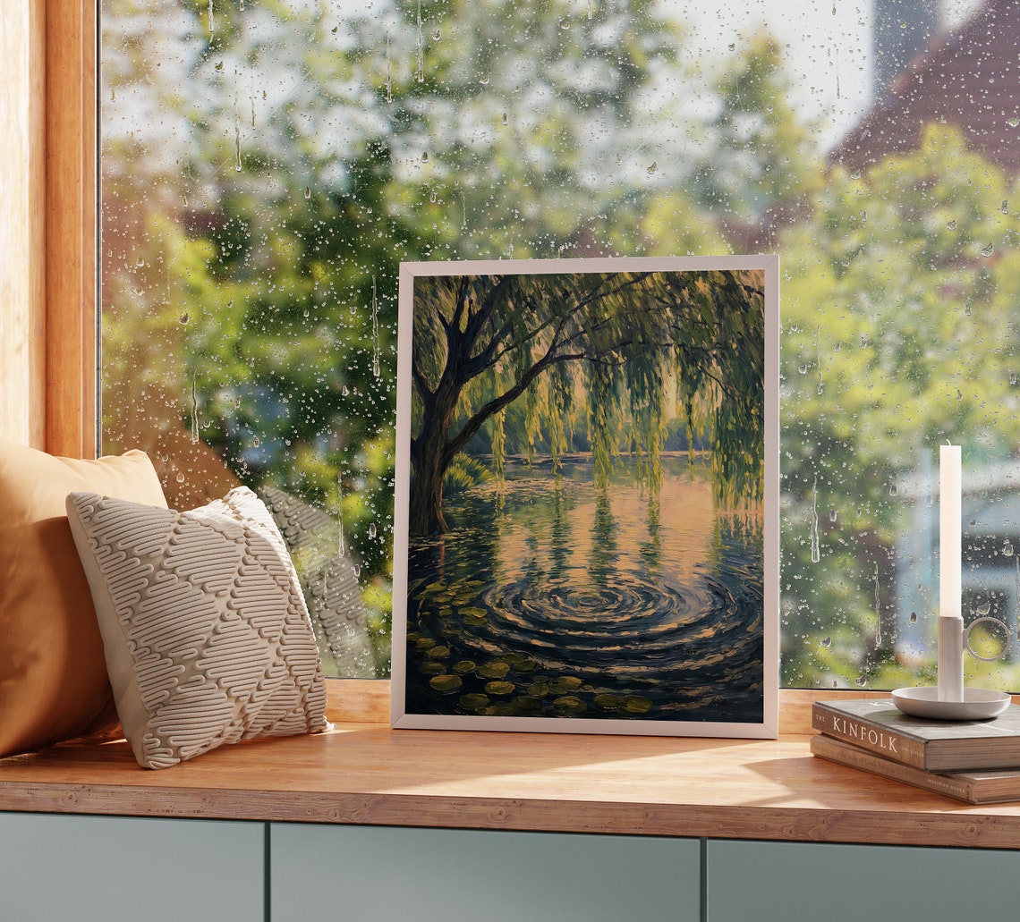 Willow Tree Over Pond With Lily Pads And Ripples Tranquil Art Poster - Image 2
