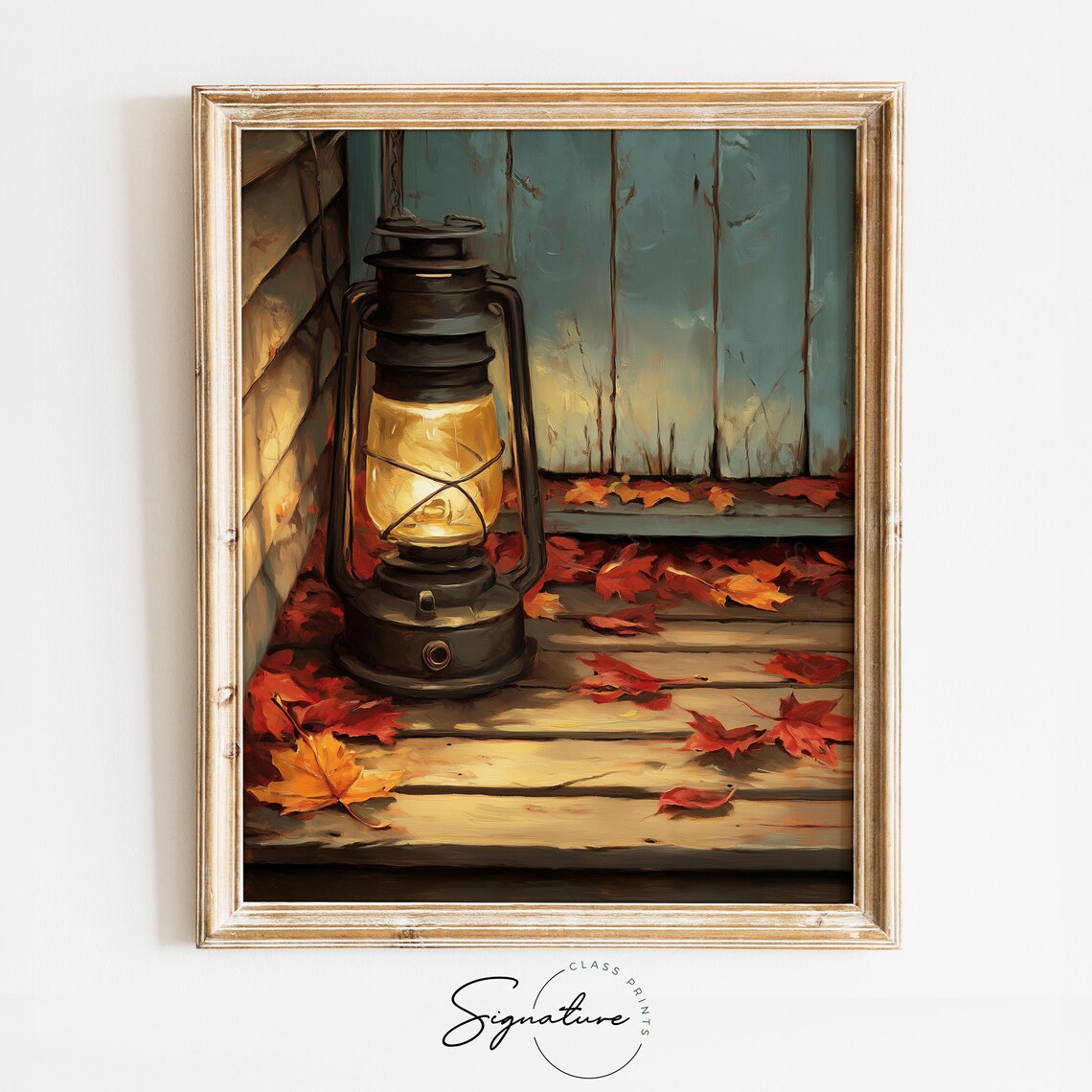 Lit Vintage Lantern On Wooden Porch With Red Autumn Leaves Poster
