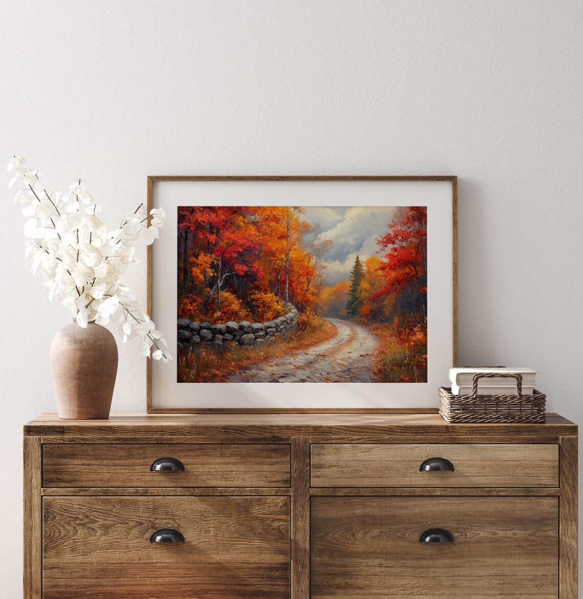 Stone Wall Country Road Crimson Maple Autumn Woods Painting Print - Image 3