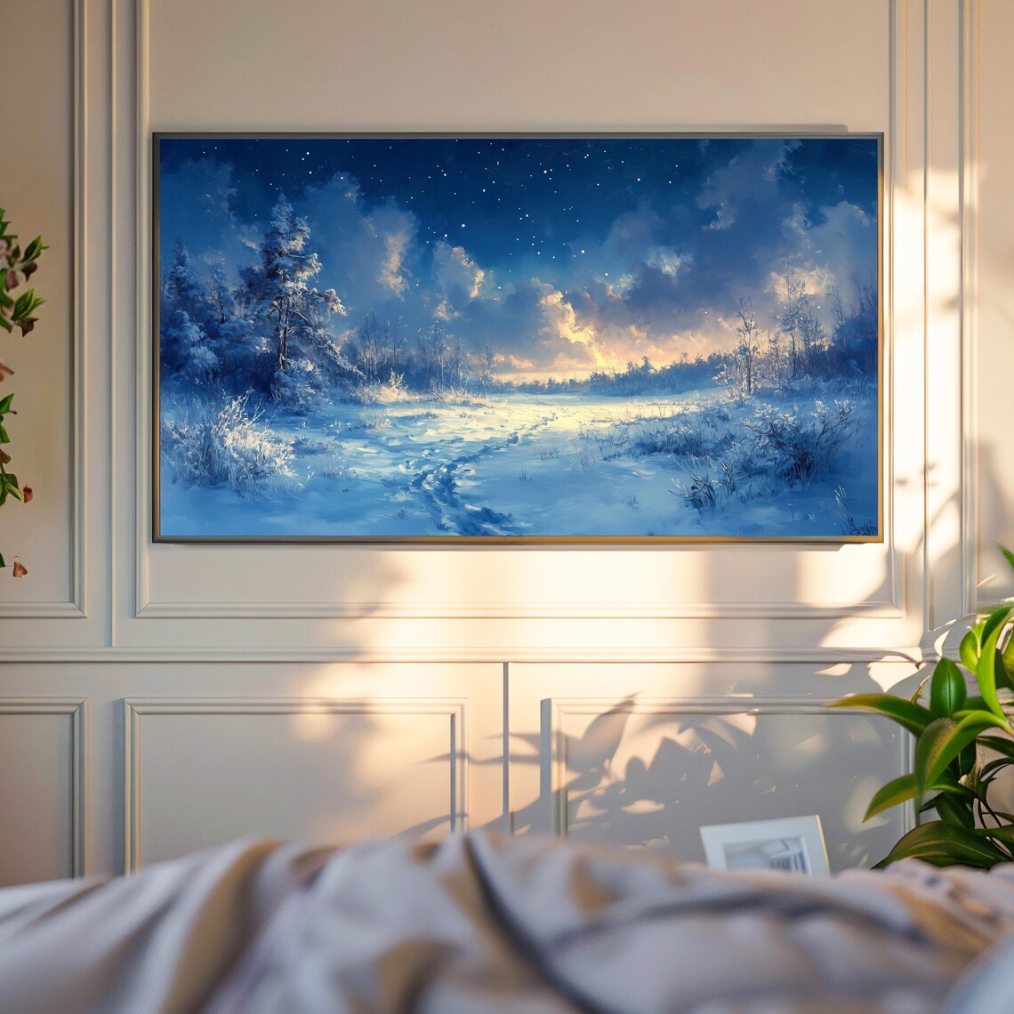 Starry Night Snowy Forest Path With Golden Horizon Glow Winter Art Poster - Image 4