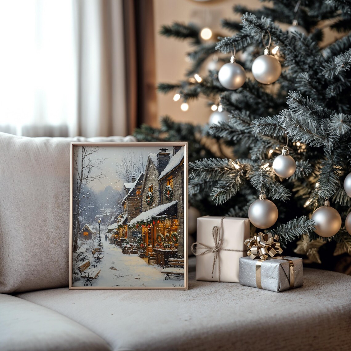 Snowy Stone Village Christmas Shops with Glowing Wreaths Poster - Image 5