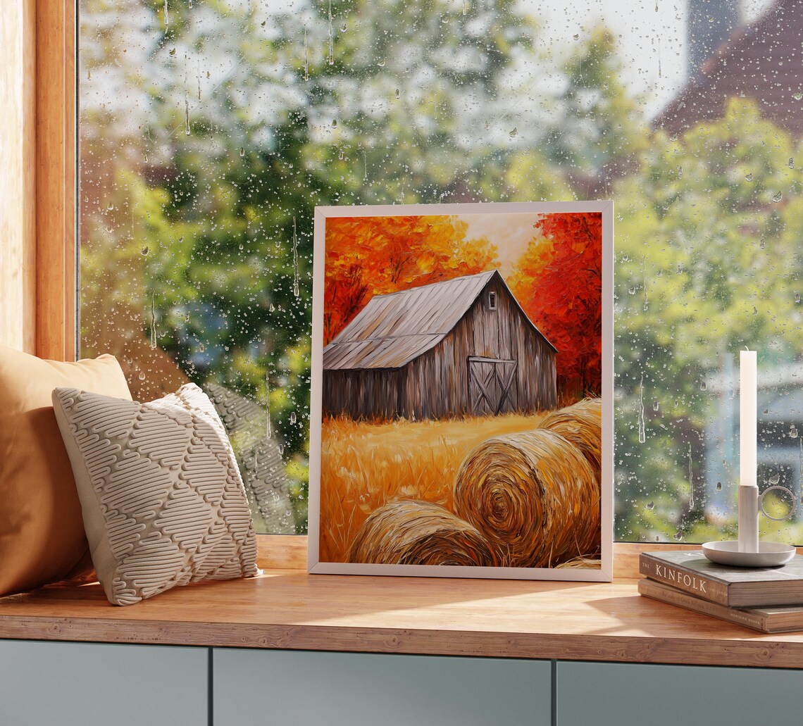 Weathered Barn Metal Roof Hay Bales Fiery Autumn Trees Poster - Image 2