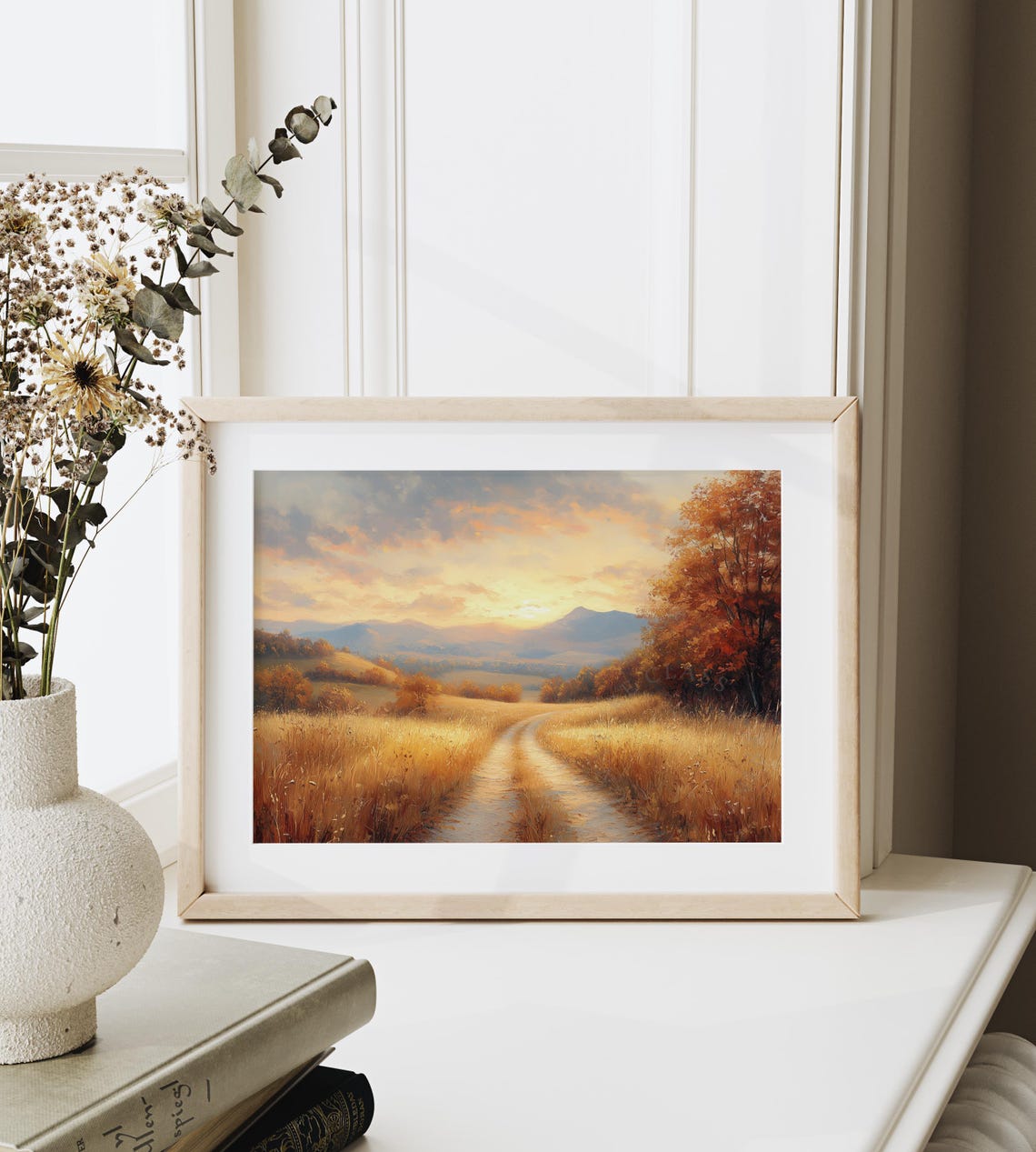 Golden Fields Dirt Road Sunset Mountain Horizon Painting Print - Image 6