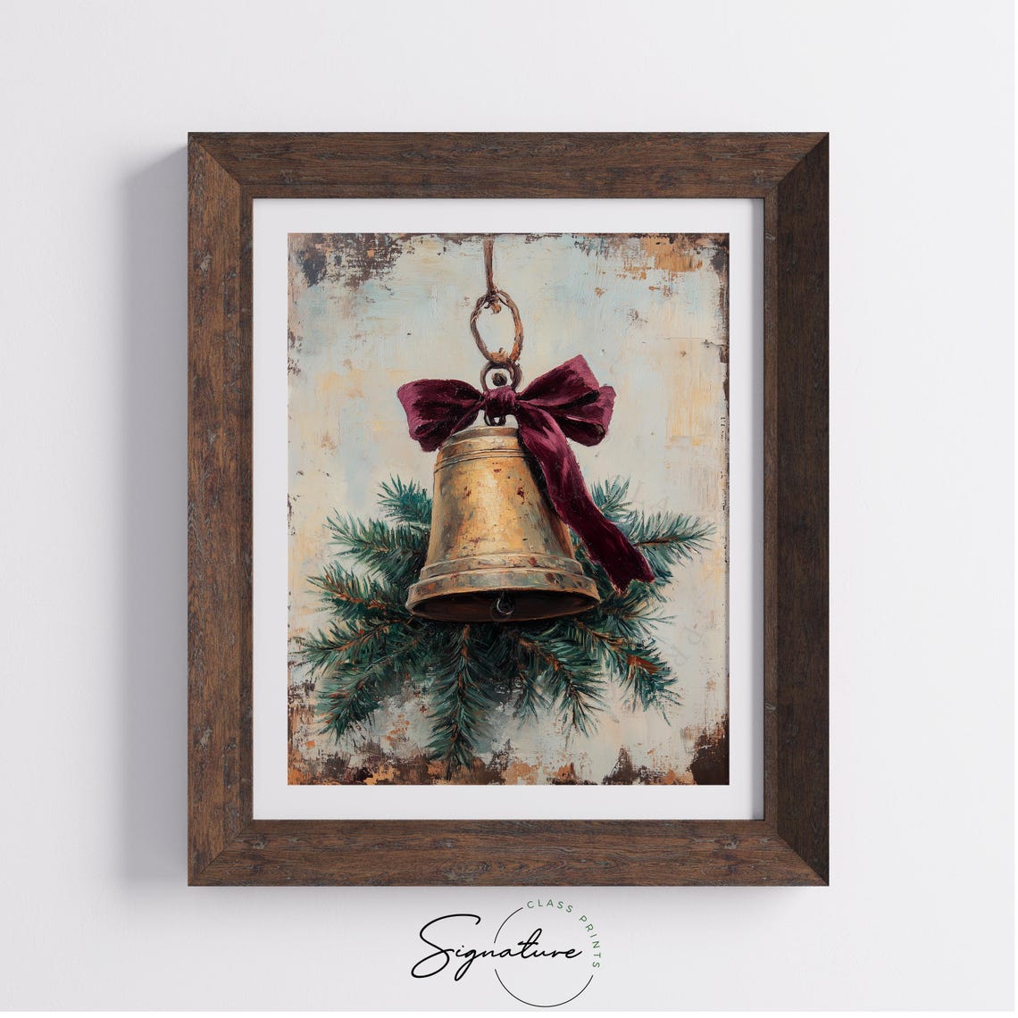Brass Christmas Bell with Red Velvet Bow Pine Oil Painting Print - Image 3