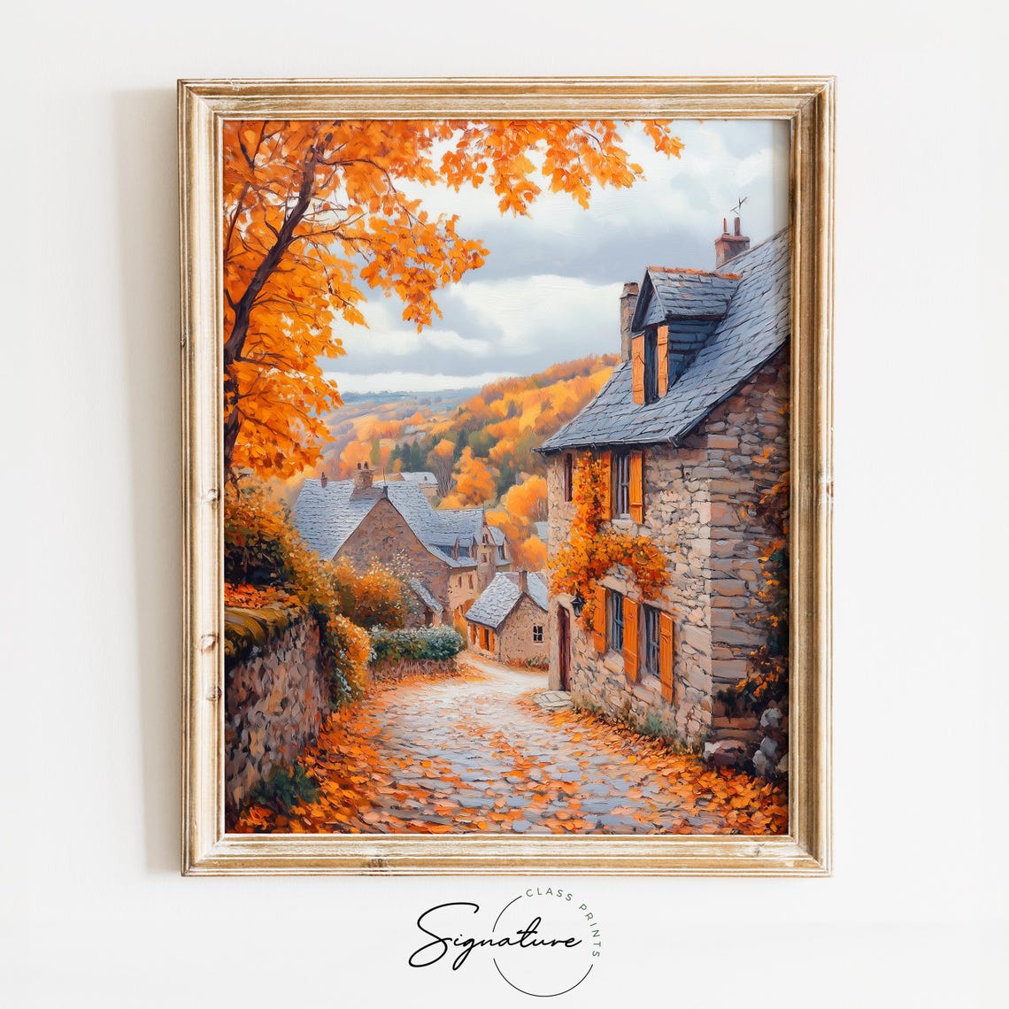 Autumn Village Street Stone Cottages Slate Roofs Orange Leaves Poster