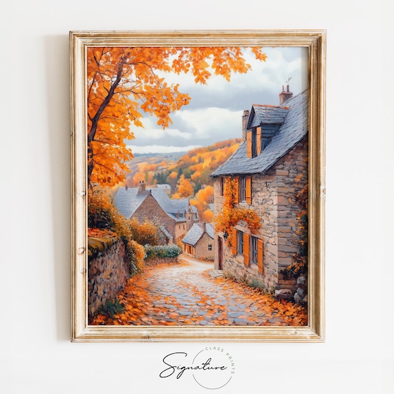 Autumn Village Street Stone Cottages Slate Roofs Orange Leaves Poster