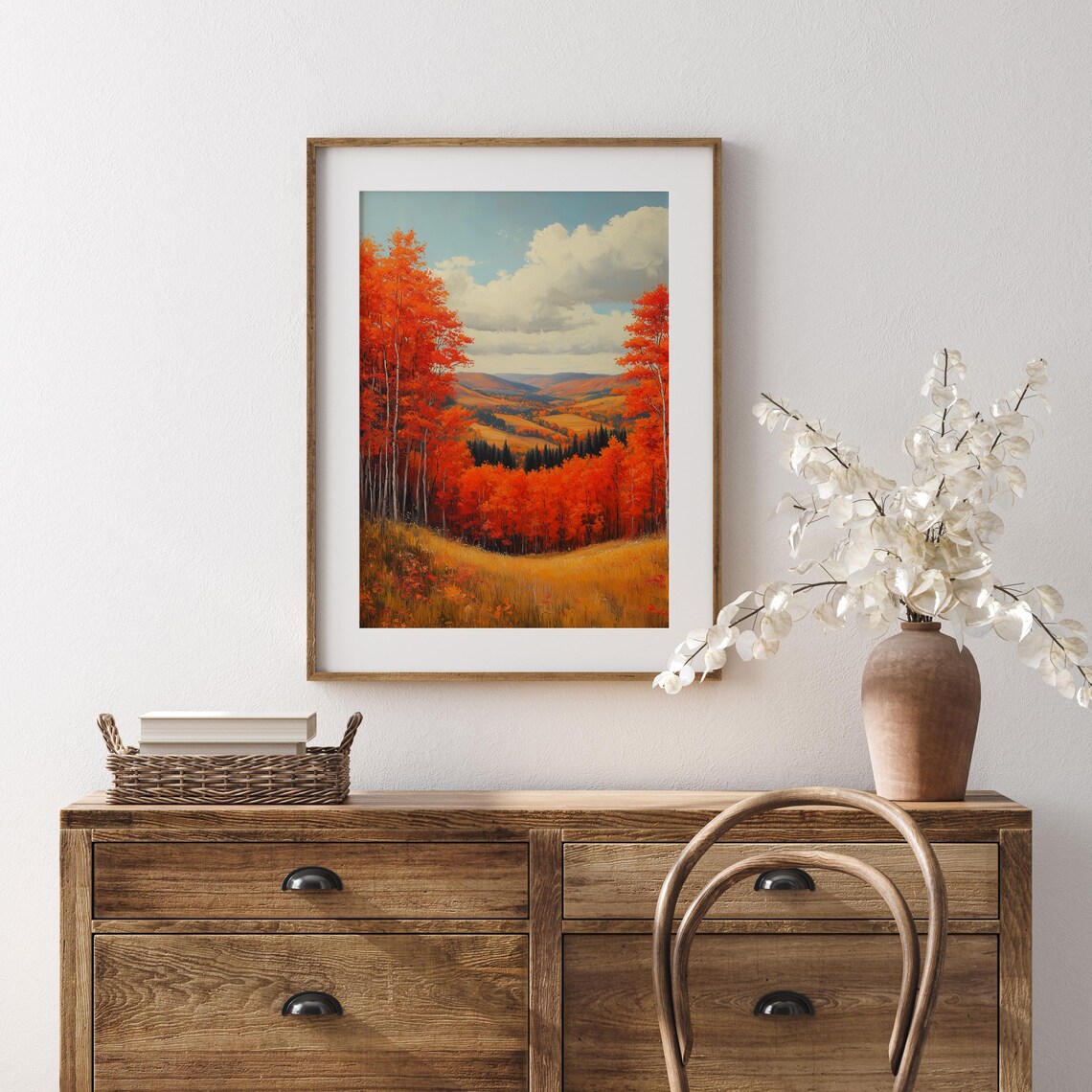 Red Birch Forest Framing Sweeping Autumn Valley and Distant Hills Wall Art - Image 5