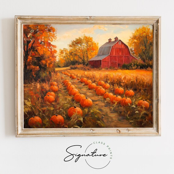 Red Barn Pumpkin Patch Painting Autumn Harvest Rustic Fall Decor Poster