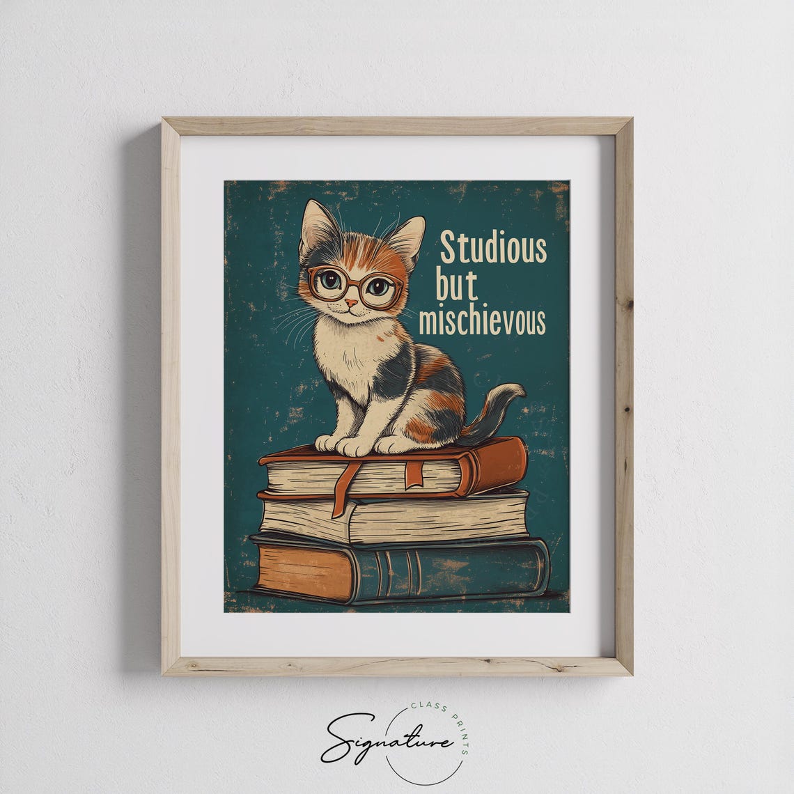 Studious But Mischievous Funny Cat With Glasses On Books Quote Poster - Image 3