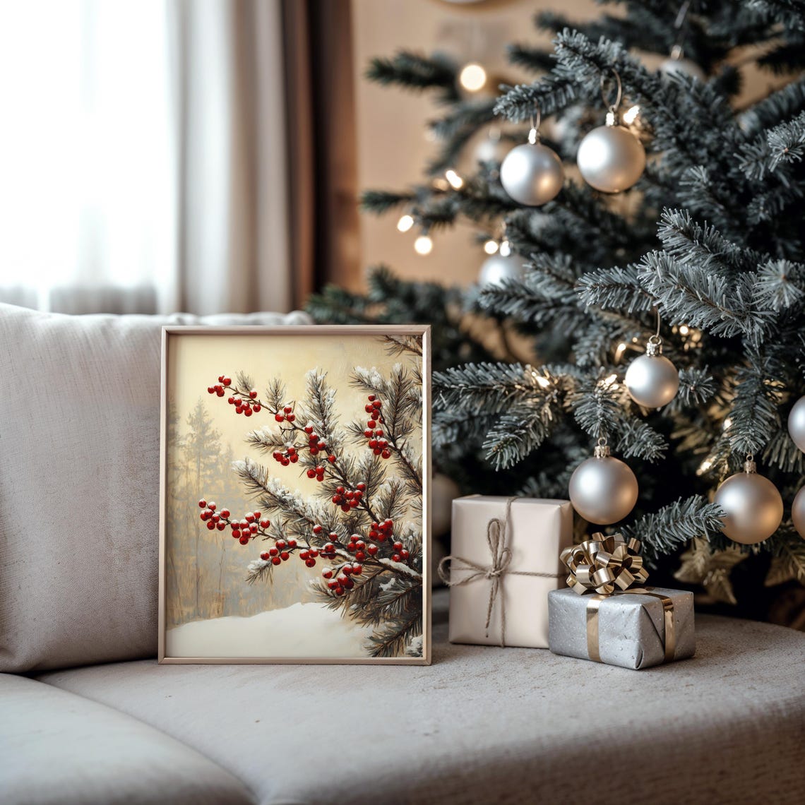 Red Winter Berries on Snow Dusted Pine Branches Botanical Poster - Image 5