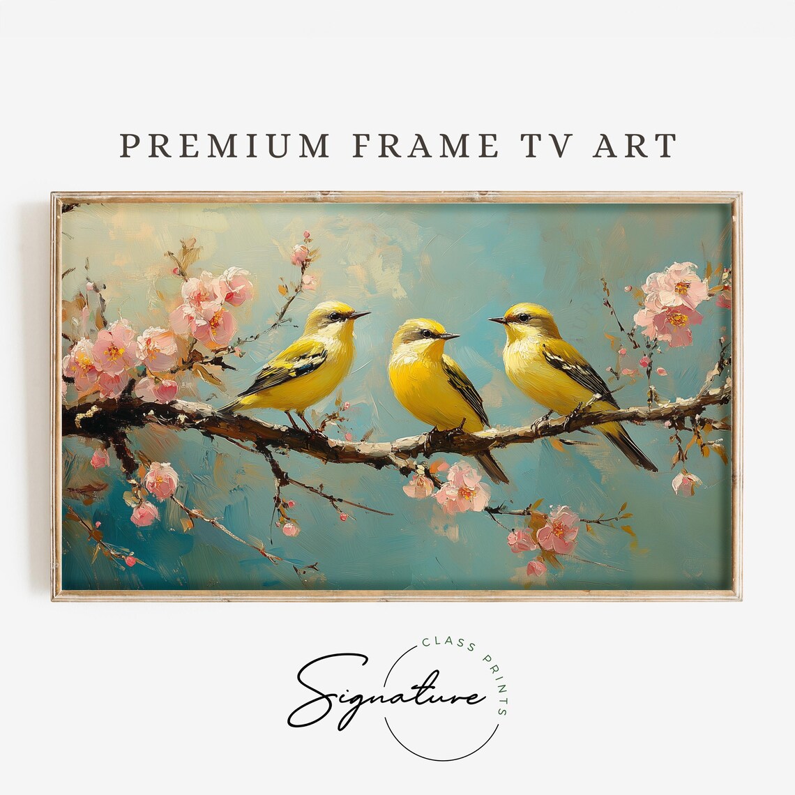Goldcrest Trio On Blooming Cherry Branch Spring Bird Painting Art Poster