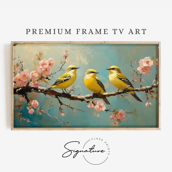 Goldcrest Trio On Blooming Cherry Branch Spring Bird Painting Art Poster
