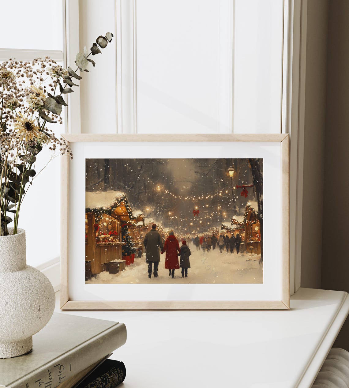 Christmas Market At Night With String Lights And Snow Winter Poster - Image 6