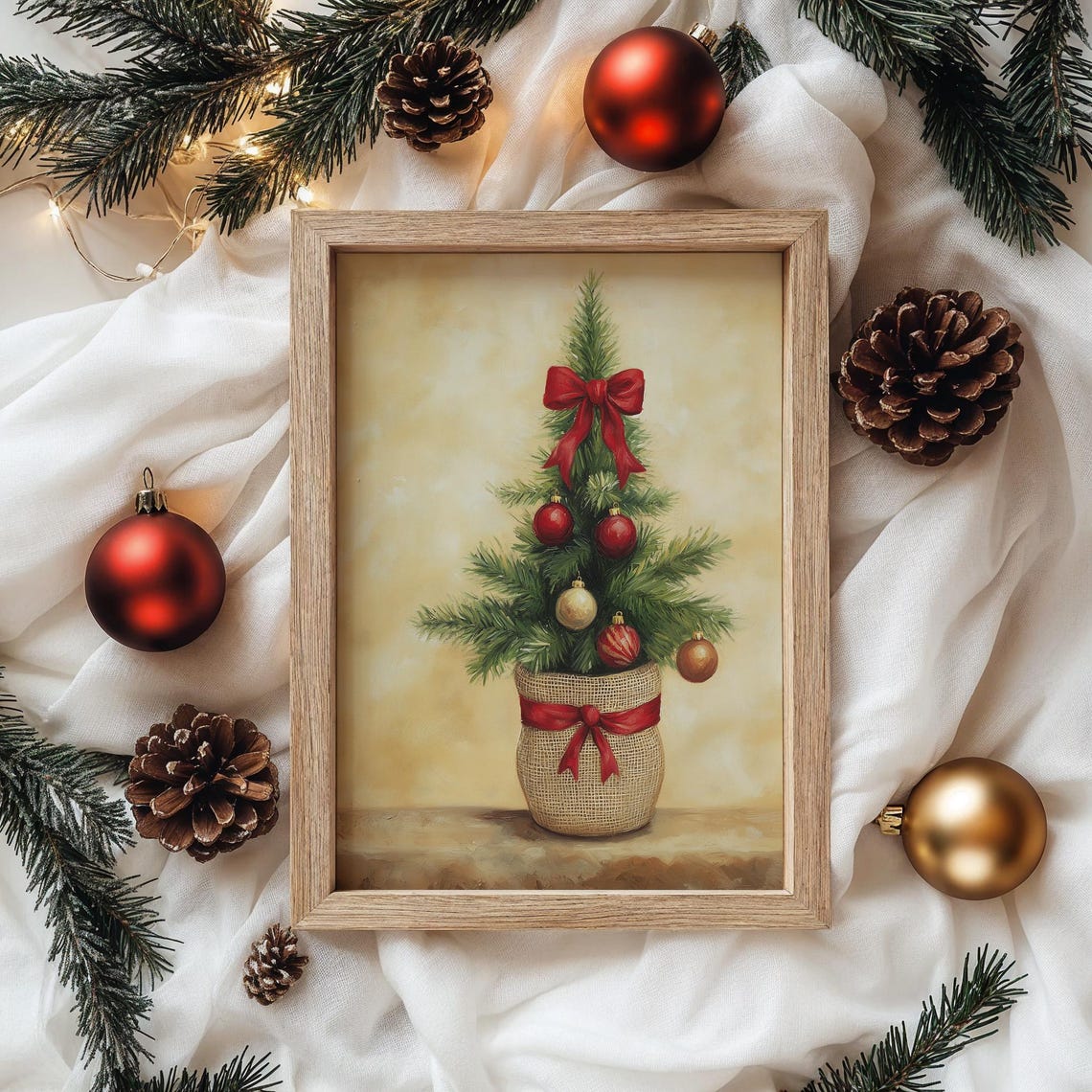 Mini Christmas Tree In Burlap Pot With Red Bow And Baubles Poster - Image 4