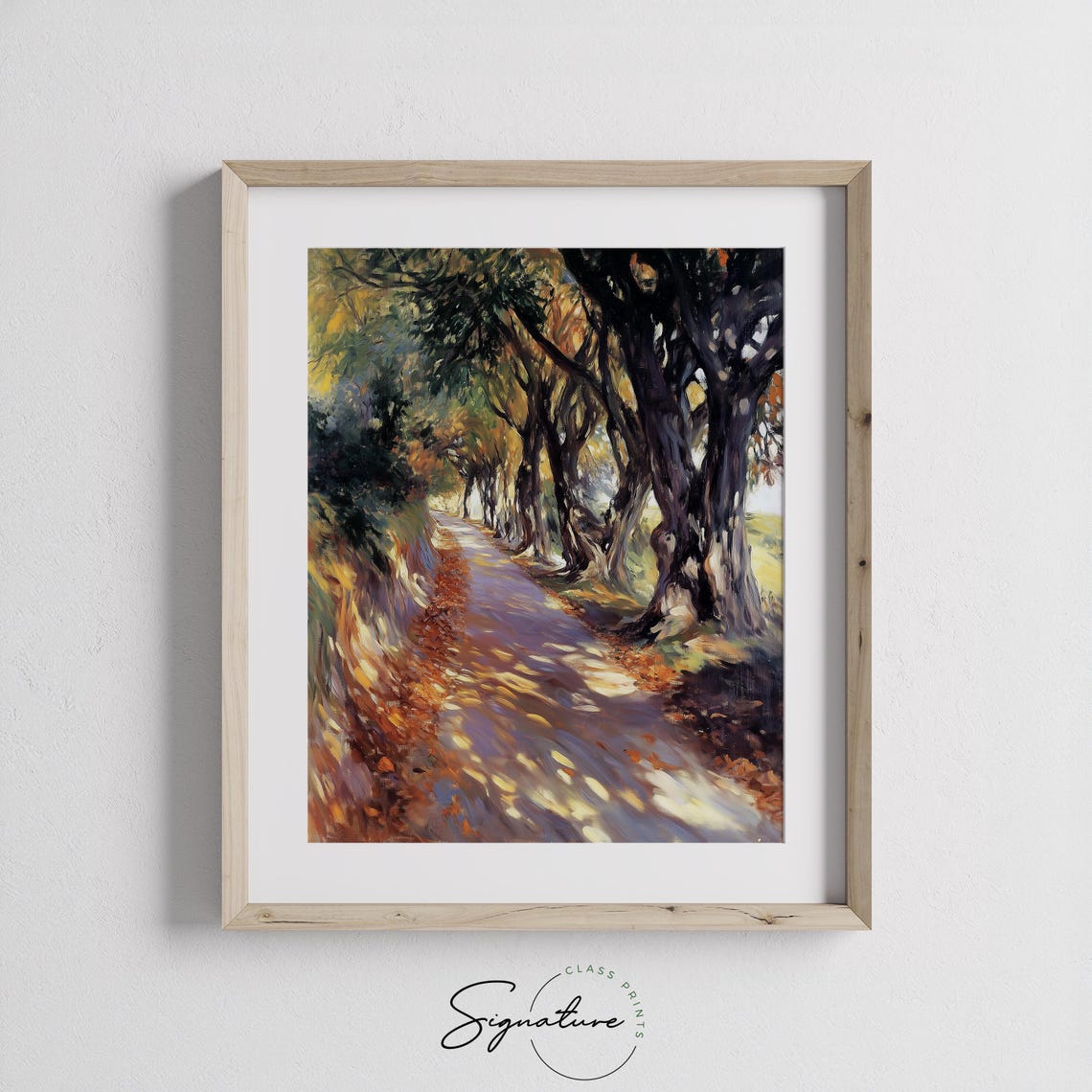Dappled Sunlight on a Golden Leaf Pathway Through Autumn Forest Poster - Image 3