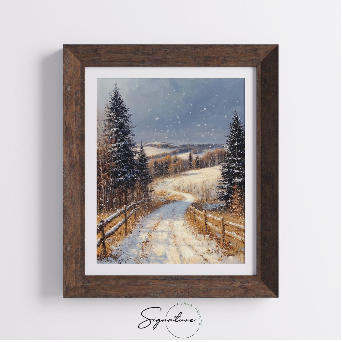 Snowy Fenced Path through Winter Evergreens with Falling Snow Poster - Image 3