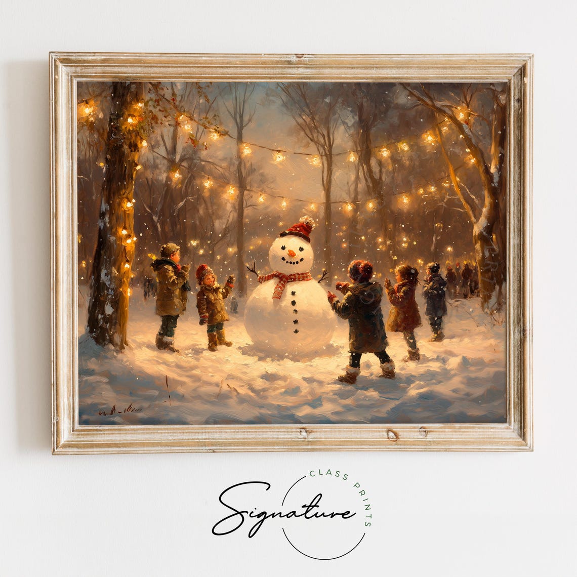 Children Building Snowman Under String Lights Snowy Night Poster