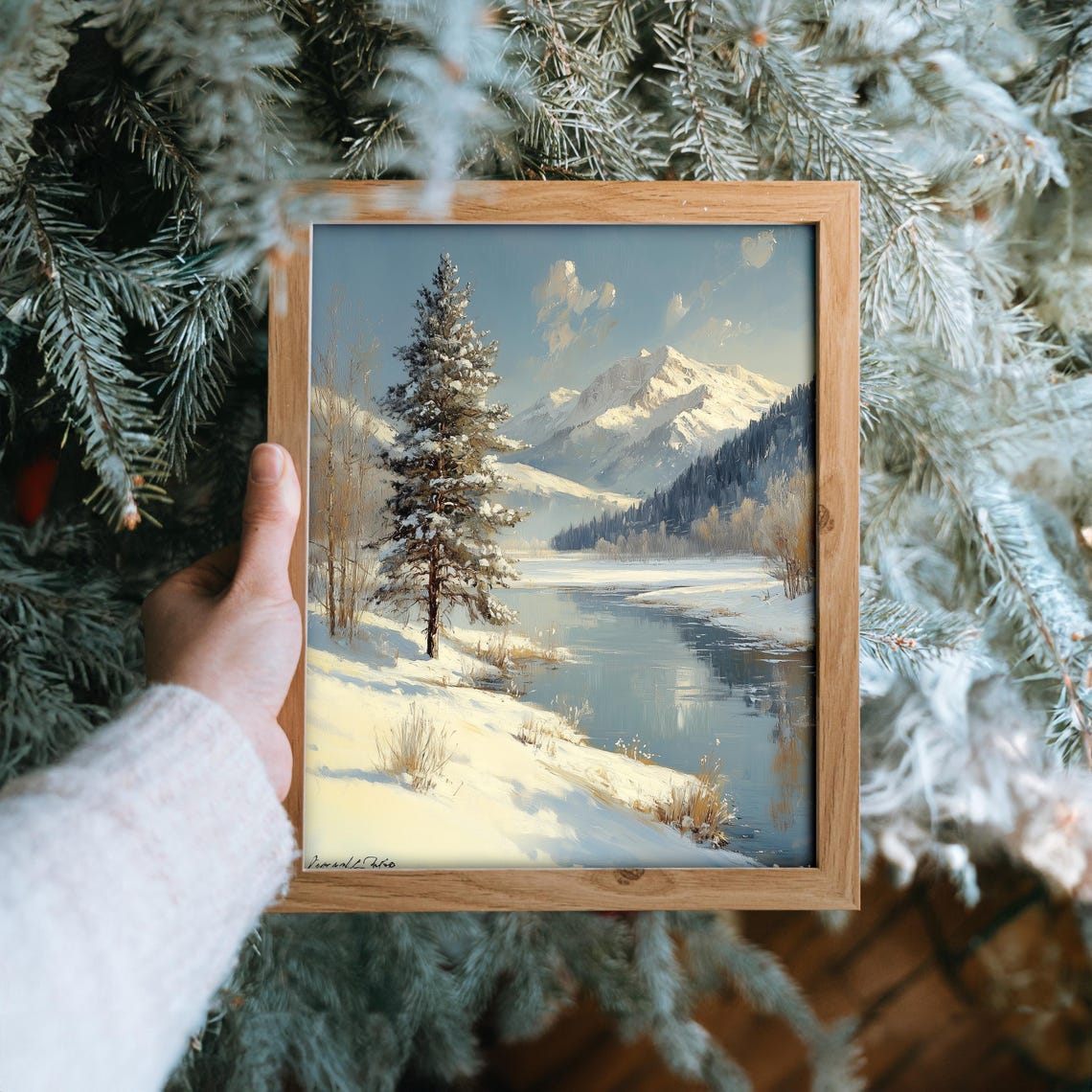 Lone Snowy Pine by Calm River with Mountains Winter Day Poster - Image 6