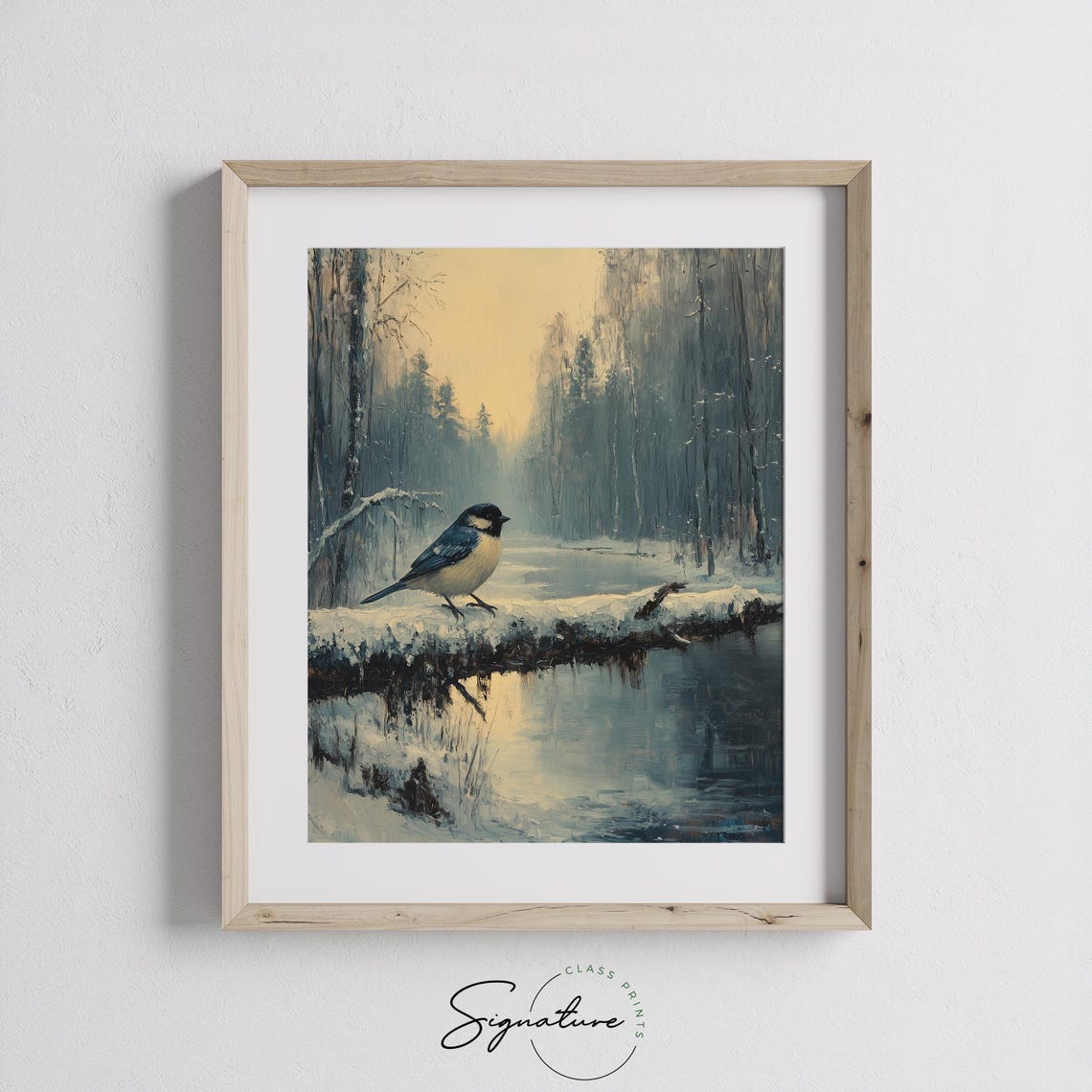 Blue Tit Perched on a Snow-Covered Log in a Misty Winter Forest Poster - Image 2