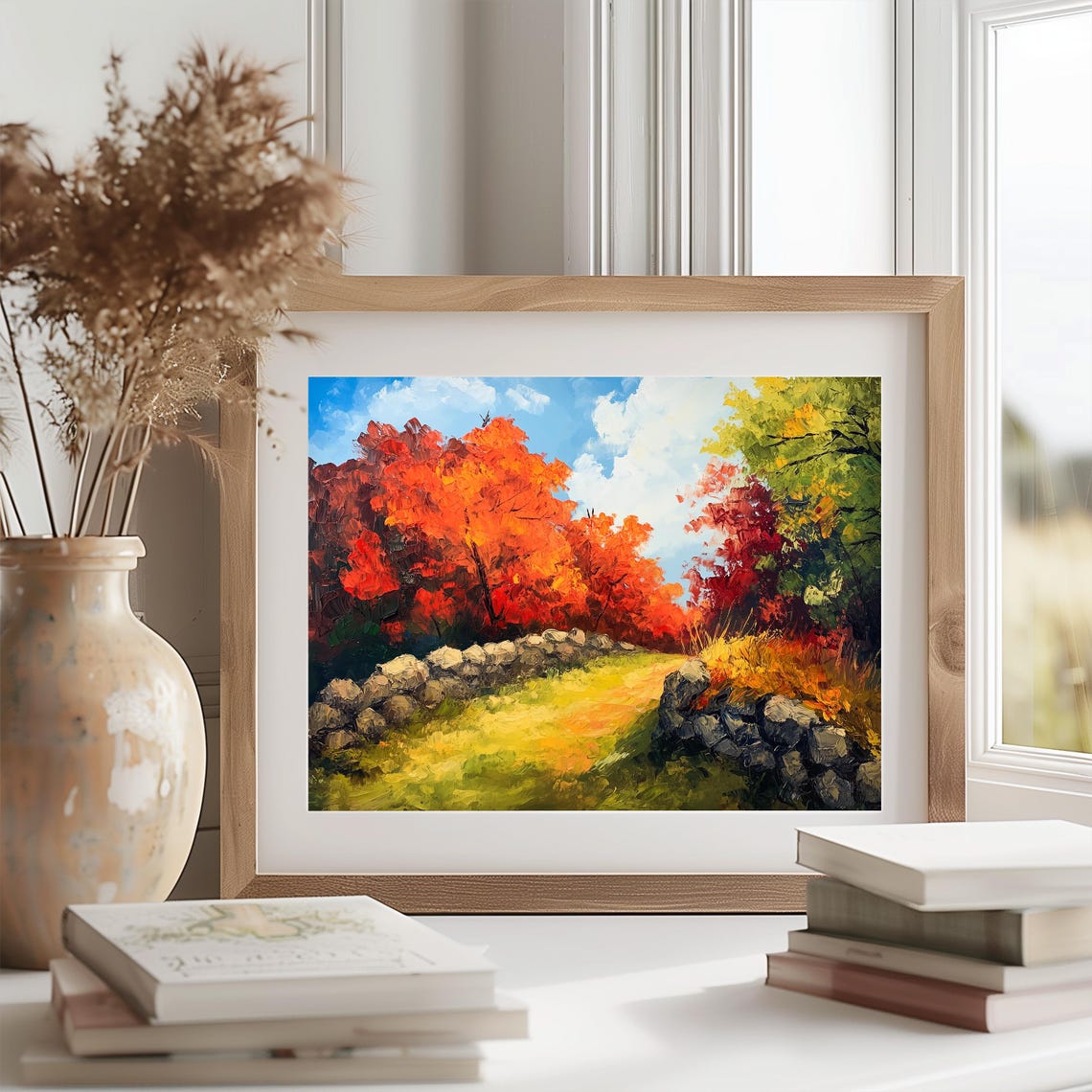 Sunlit Stone Wall Pathway Through Vibrant Autumn Trees Poster - Image 2
