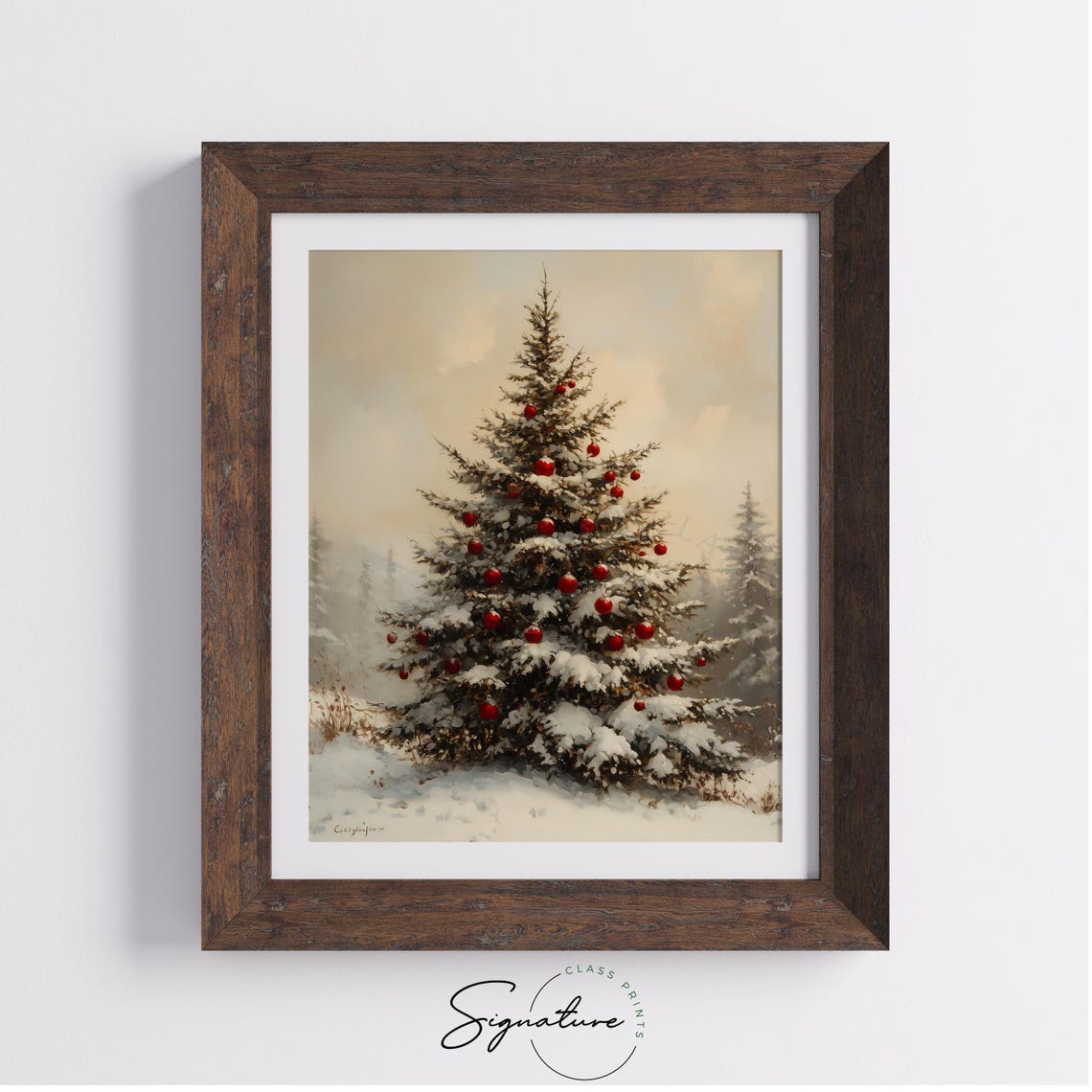 Snow Covered Fir Tree With Red Ornaments Winter Scene Poster - Image 3