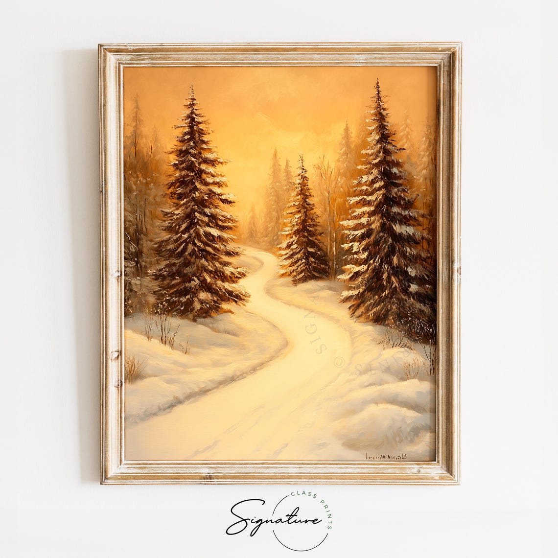 Golden Winter Dawn Lights Snowy Path Through Fir Trees Poster