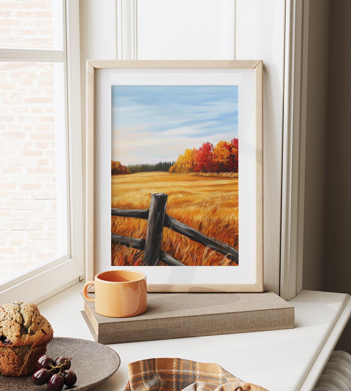 Split Rail Fence Across Golden Meadow With Fiery Autumn Treeline Wall Art - Image 6