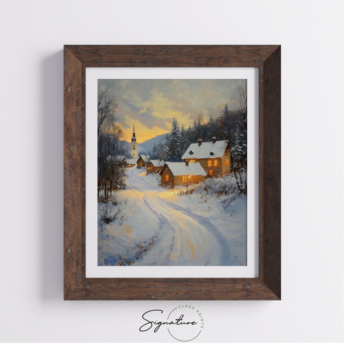 Snowy Village Church at Sunset with Glowing Cottages Holiday Poster - Image 3