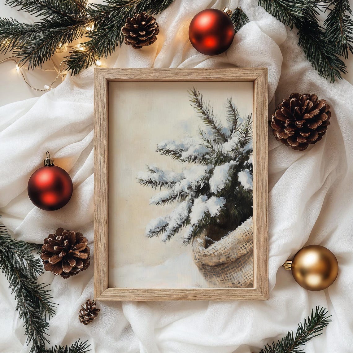 Snow Covered Pine Sprig In Burlap Sack Soft Winter Still Life Wall Art - Image 5