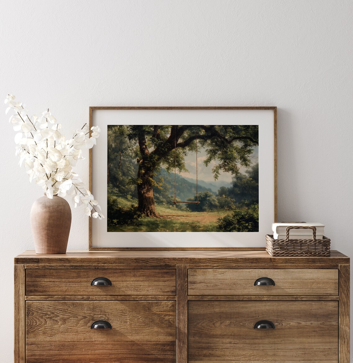 Wooden Tree Swing Overlooking Green Valley Vintage Landscape Oil Poster - Image 3