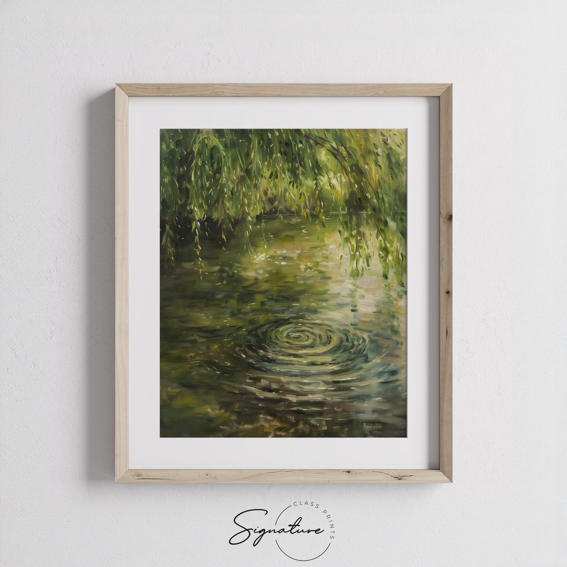Green Willow Branches Sweeping Over Rippling Pond Water Art Poster - Image 3