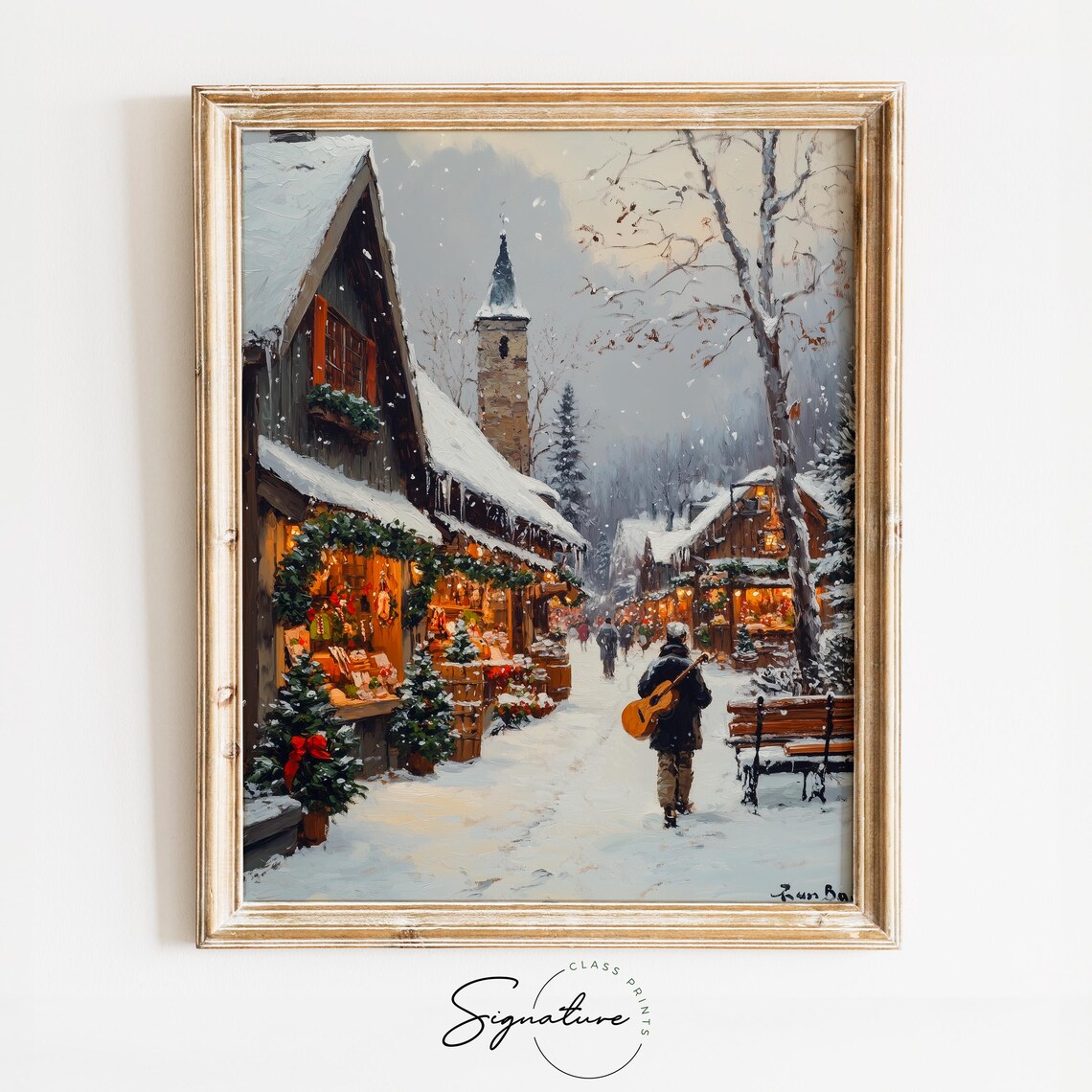 Snowy Village Market Street With Festive Shops And Wreaths Poster