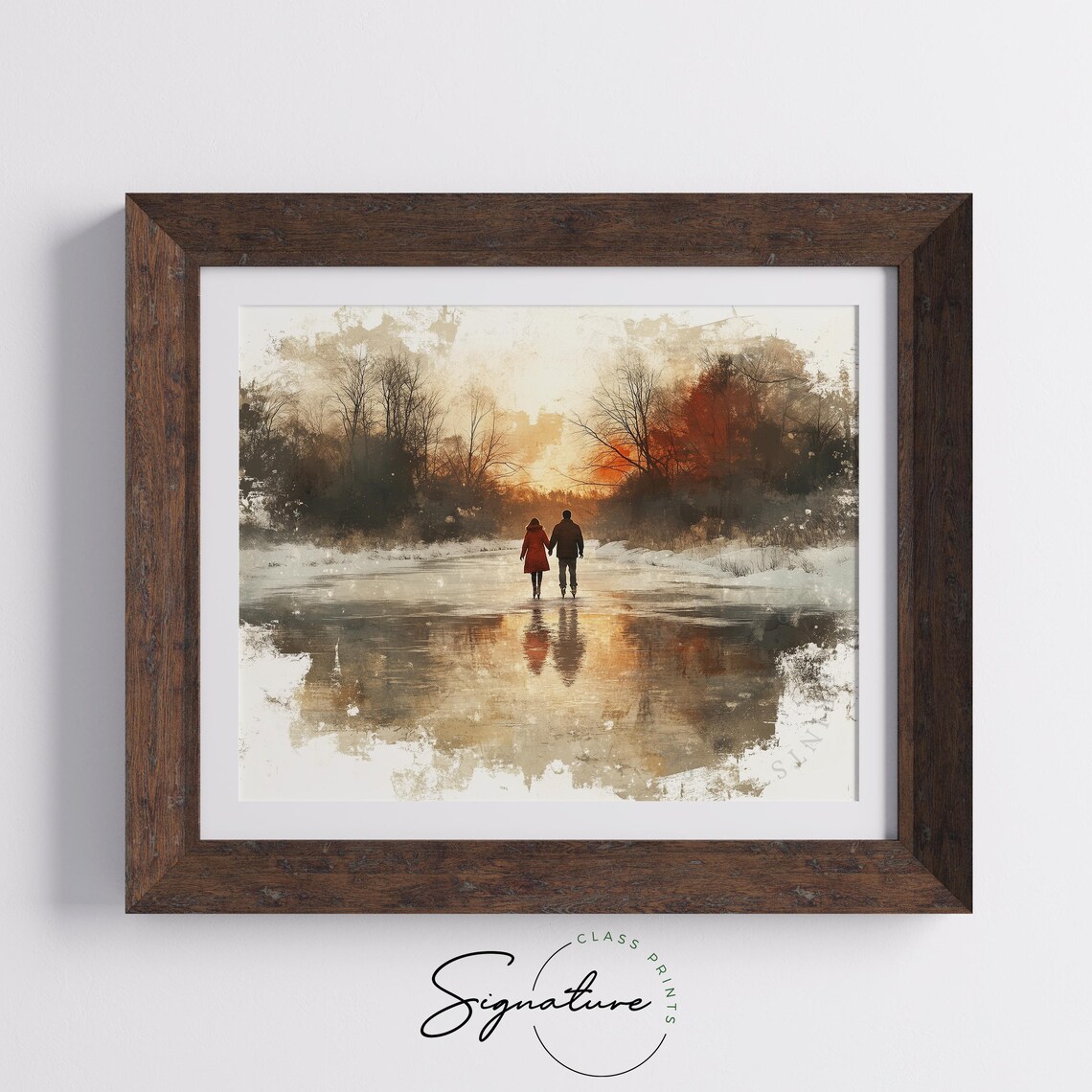Couple Walking Hand In Hand Across Frozen Lake Sunset Poster - Image 5