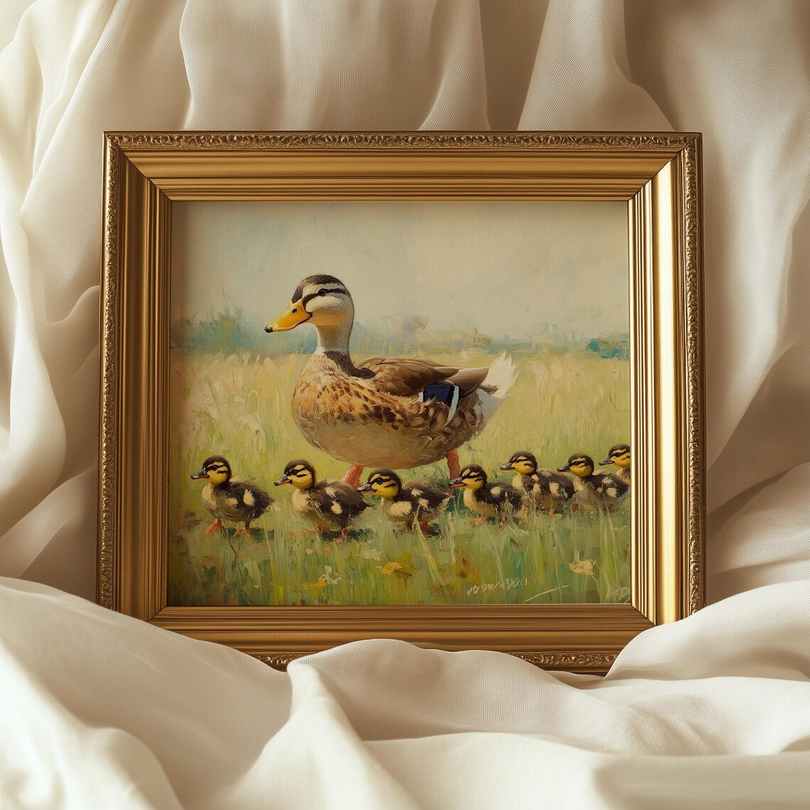 Mother Duck Leading Ducklings Through Meadow Spring Wildlife Painting - Image 5