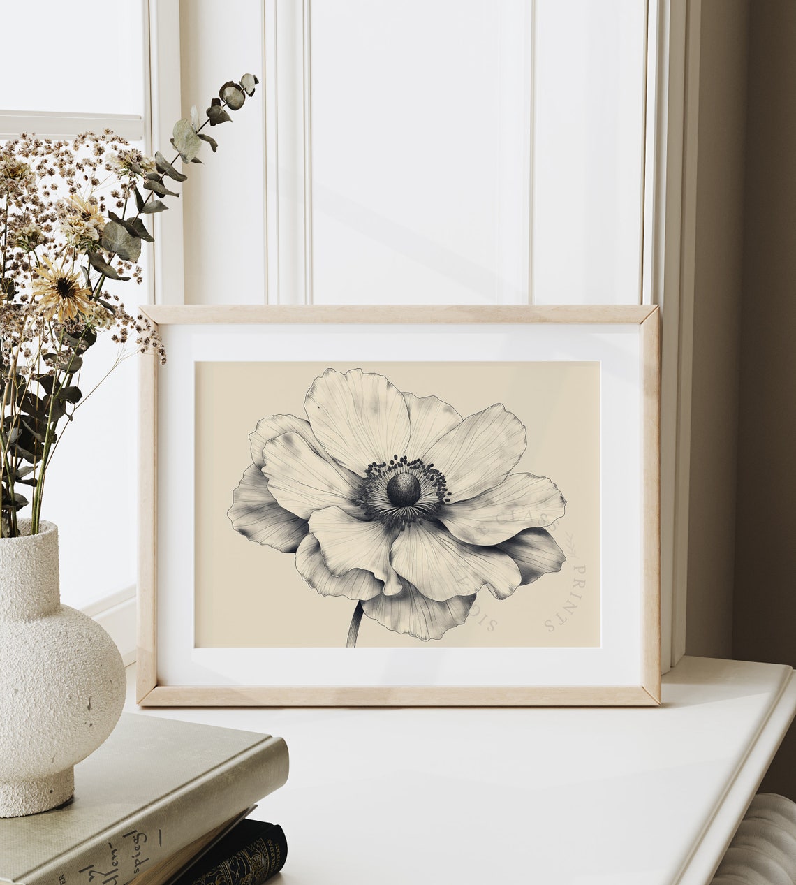 White Anemone Bloom Close Up Delicate Botanical Sketch Art Poster - Image 6