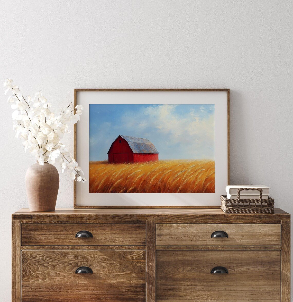 Red Barn Golden Wheat Field Blue Sky Oil Painting Country Poster - Image 3
