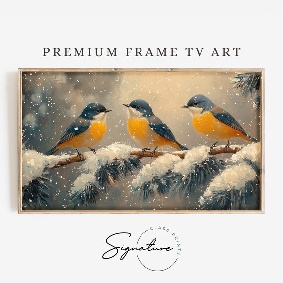 Winter Goldcrests Trio Snowy Pine Branch Snowfall Yellow Breasts Birds Poster
