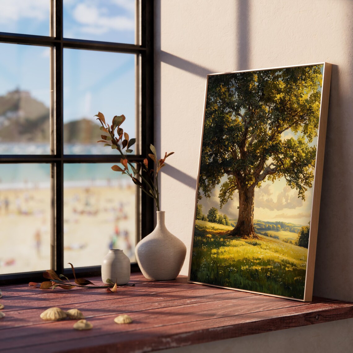Majestic Oak Tree Sunlit Summer Meadow Countryside Landscape Art Poster - Image 5