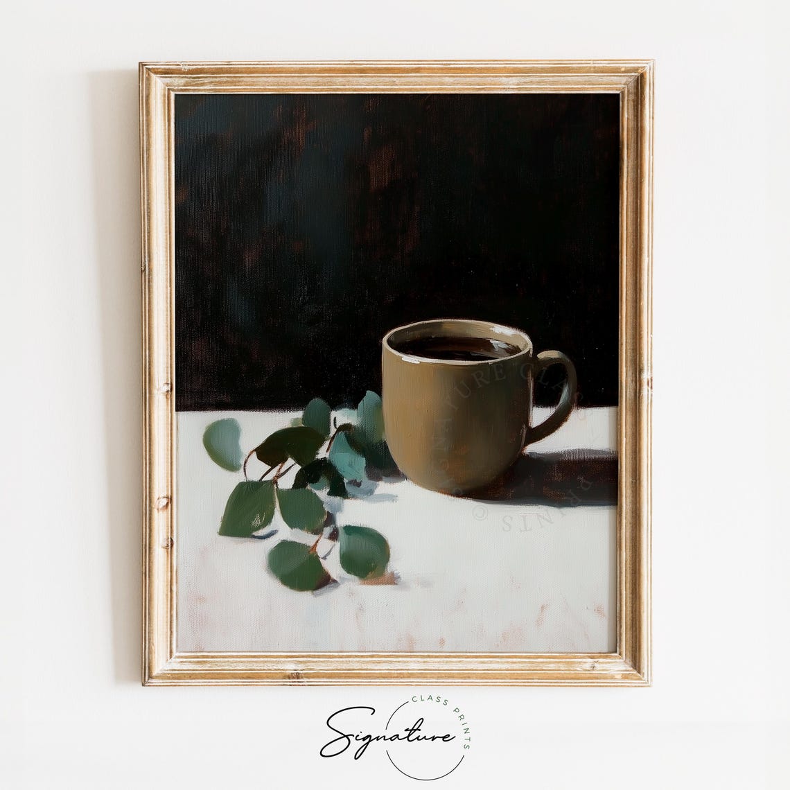 Coffee Mug And Eucalyptus Leaves Moody Minimalist Art Poster