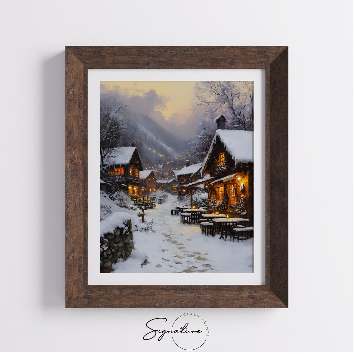 Magical Snowy Village Square With Outdoor Cafe Lights Winter Poster - Image 3