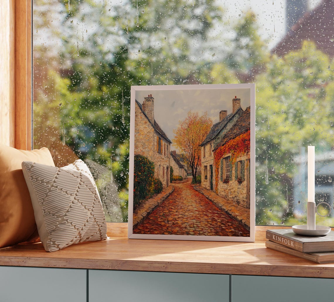Charming Autumn Village Street Stone Houses Cobblestone Poster - Image 2