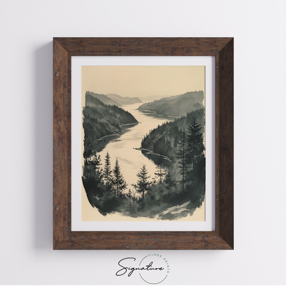 Curving River Through Deep Forested Valley Monochrome Ink Poster - Image 4